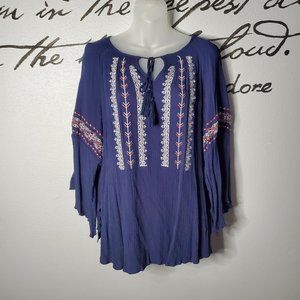 Hannah Navy Embroidered Boho Blouse w/ Bell Sleeve, L